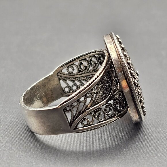 DGS Sterling Silver Ornate Filigree Signet Ring Size 10 Round Front 8.17g Turkey - Picture 5 of 10